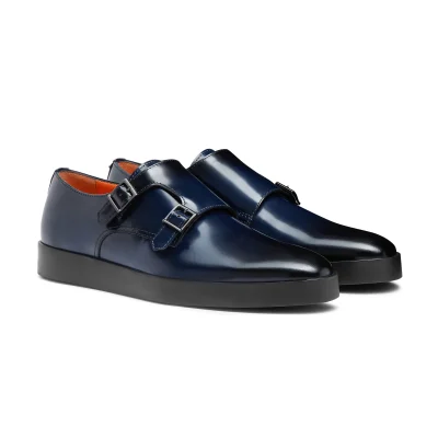 Men’s blue shiny leather double-buckle shoe