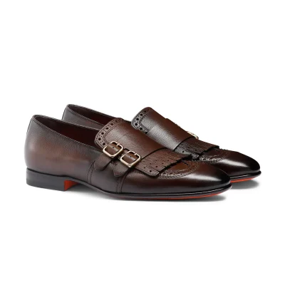 Men’s brown leather double-buckle loafer with fringe