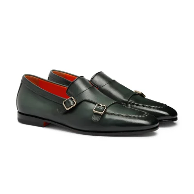 Men's green leather double-buckle loafer