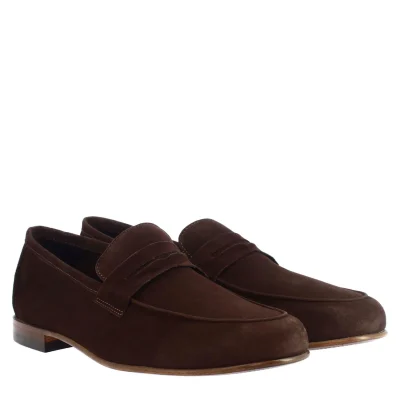 Men's handmade slip-on loafers in dark brown suede leather