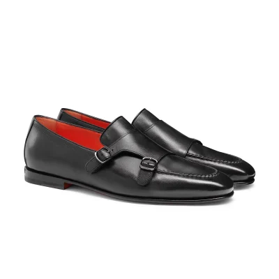 Men's polished black leather double-buckle loafer