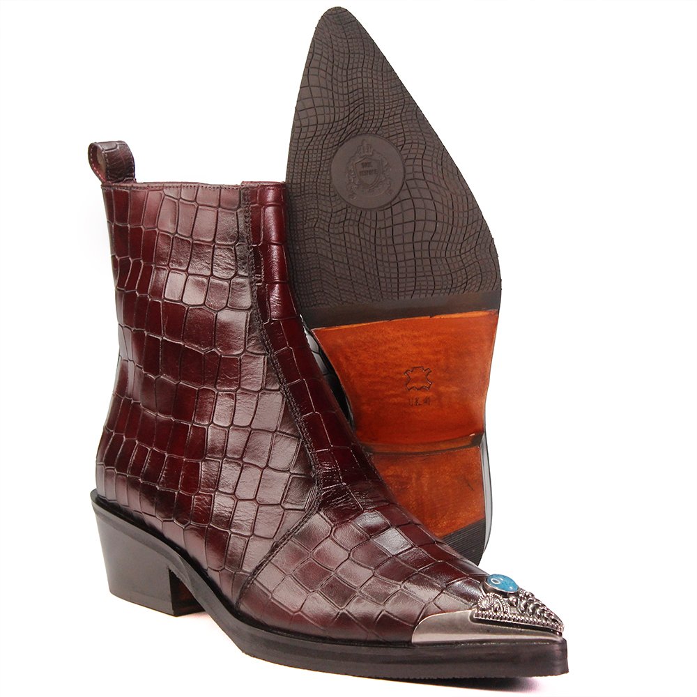 Imperial Croc-Handcrafted Croc Leather Boots in Maroon