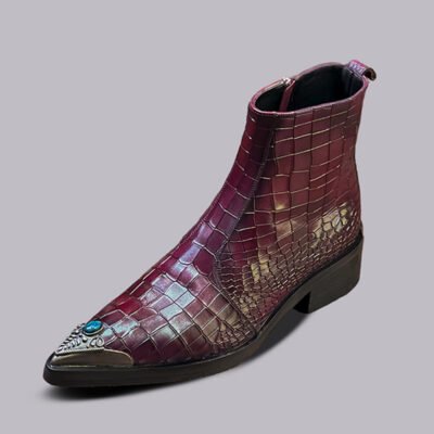 Imperial Croc-Handcrafted Croc Leather Boots in Maroon