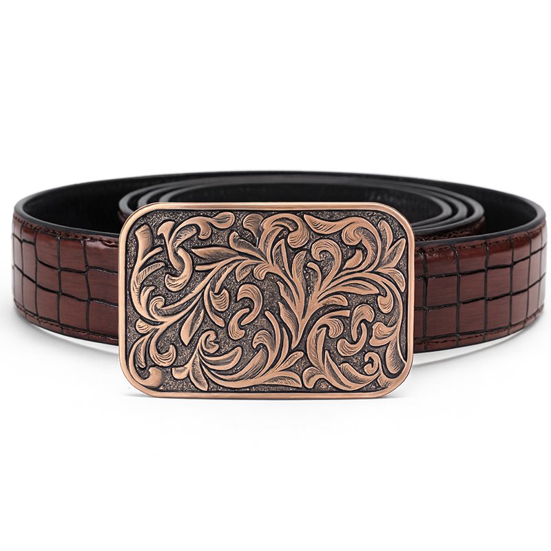 Croc Rouge – Wine Croc Leather Cowboy Belt with Brass Buckle Croc Rouge – Wine Croc Leather Cowboy Belt with Brass Buckle