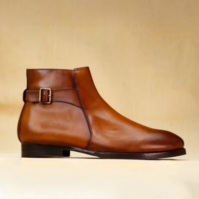 Alderwood Tan handcrafted luxury leather ankle boot with wood sole