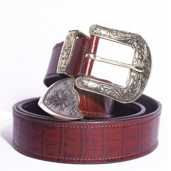 Premium Cowboy Leather Belt with Antique Metal Detailing Buckle