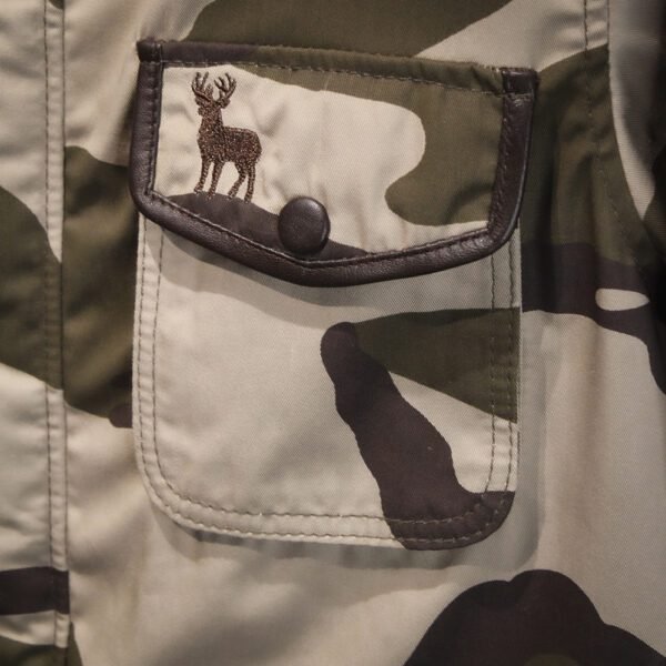 Ribbed collar detail of MITCH Luxury Bespoke Camo Jacket with premium stitching”