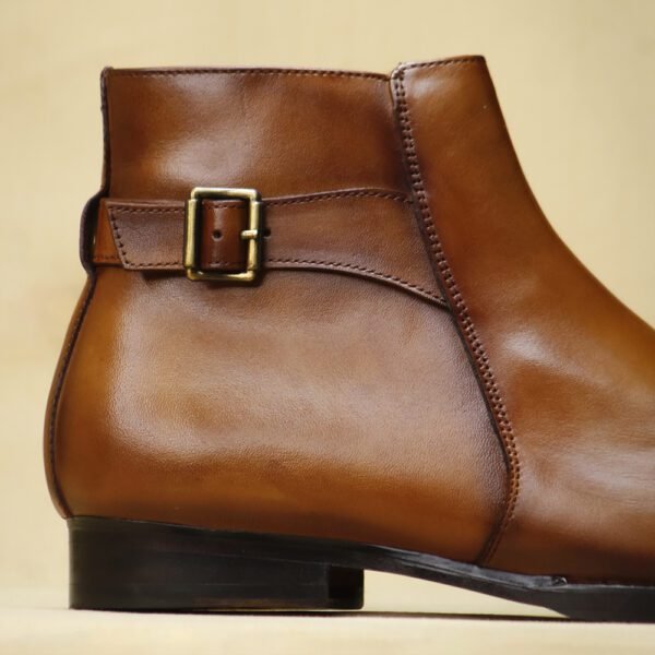 Alderwood Tan handcrafted luxury leather ankle boot with wood sole, side zipper, and buckle strap