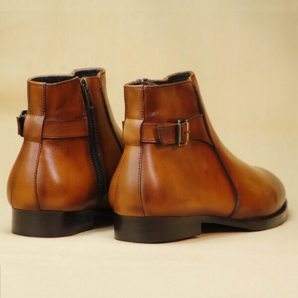 Alderwood Tan handcrafted luxury leather ankle boot with wood sole, side zipper, and buckle strap
