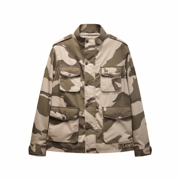 - MITCH Luxury Bespoke Camo Jacket front view showing classic camouflage print and flap pockets” - Close-up of collar: “Ribbed collar detail of MITCH Luxury Bespoke Camo Jacket with premium stitching”