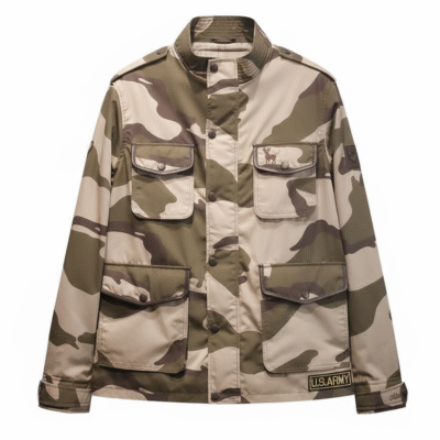 - MITCH Luxury Bespoke Camo Jacket front view showing classic camouflage print and flap pockets” - Close-up of collar: “Ribbed collar detail of MITCH Luxury Bespoke Camo Jacket with premium stitching”