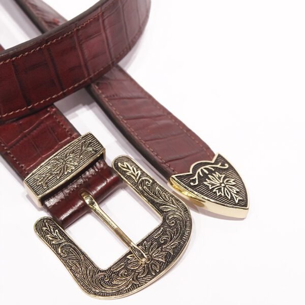 Premium Cowboy Leather Belt with Antique Metal Detailing Buckle - Image 3