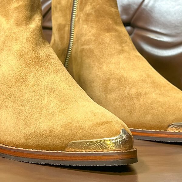 Luxury tan suede leather boots handcrafted by Shoebespoke with wood sole and engraved tip with cuban heel.