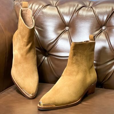 luxury tan suede leather boots handcrafted by Shoebespoke with wood sole and engraved tip