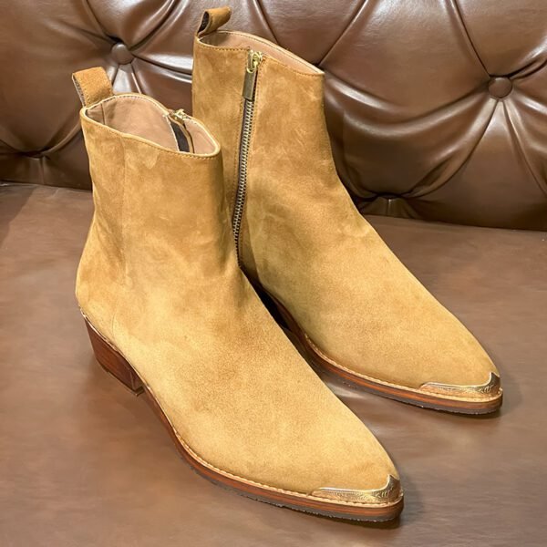 Dynamo tan suede leather boots handcrafted by Shoebespoke with wood sole and engraved tip