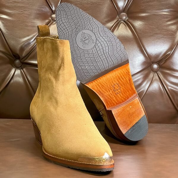 Luxury tan suede leather boots handcrafted by Shoebespoke with wood sole and engraved tip