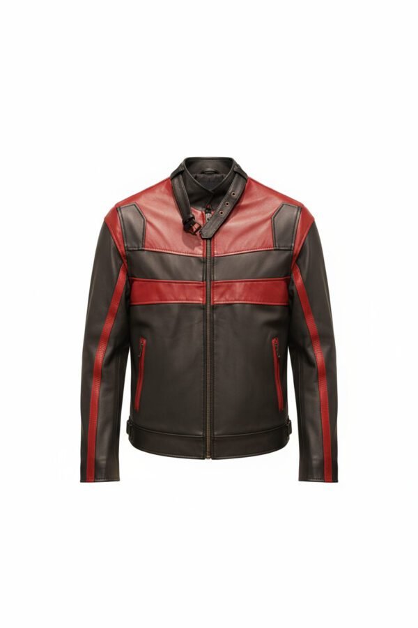 Pure leather handcrafted jacket with luxury sheep napa finish and bespoke design in black and red leather