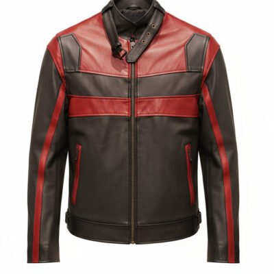 Pure leather handcrafted jacket with luxury sheep napa finish and bespoke design in black and red leather