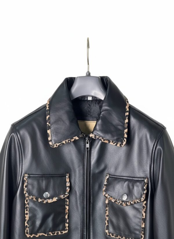 Sleeve detail with leopard print cuff on Mitch Luxury bespoke sheep napa leather jacket