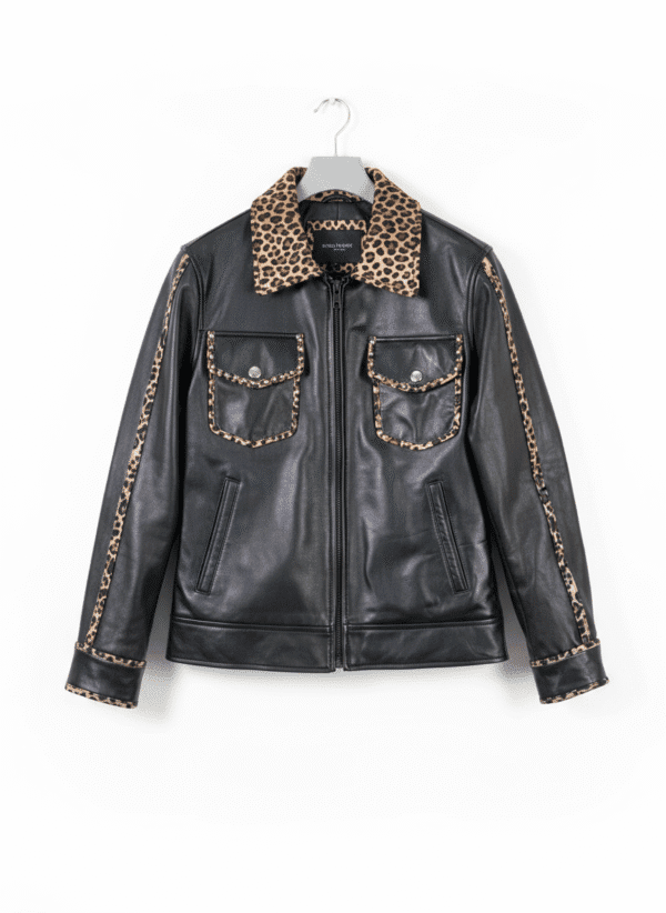 Front pockets with leopard print trim on pure sheep napa leather jacket
