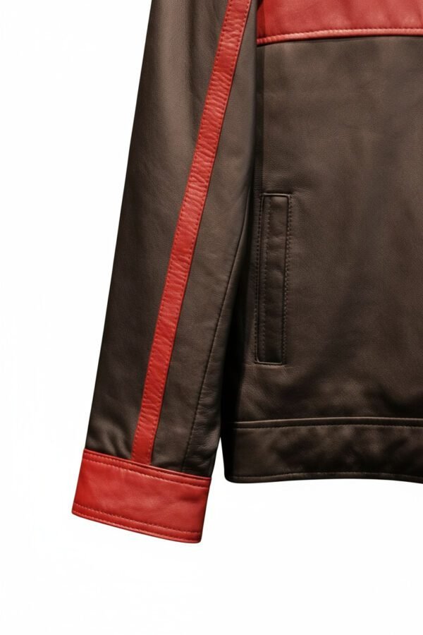 Pure leather handcrafted jacket with luxury sheep napa finish and bespoke design in black and red leather