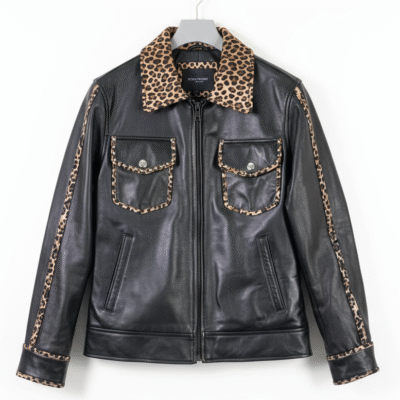 Front pockets with leopard print trim on pure sheep napa leather jacket