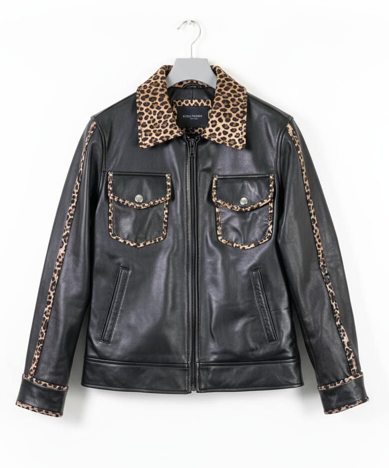 Front pockets with leopard print trim on pure sheep napa leather jacket
