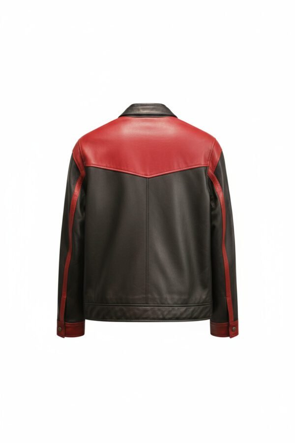Pure leather handcrafted jacket with luxury sheep napa finish and bespoke design in black and red leather