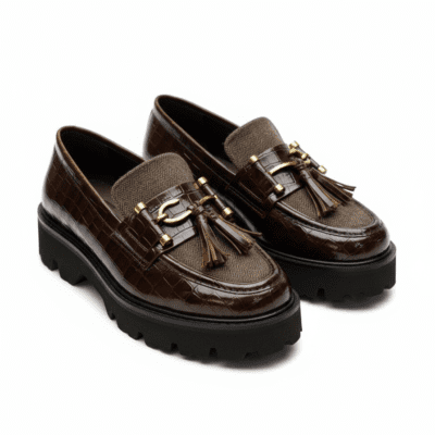 Richberg anchor tassel croc loafers with patterned tweed Handmade Richberg Anchor Tassel Croc Loafers by ShoeBespoke, crafted in premium croc-textured leather combined with a refined patterned tweed vamp. Designed with signature anchor-style metal buckle detailing, cushioned insole, and rugged outsole for luxury, durability, and unmatched comfort.