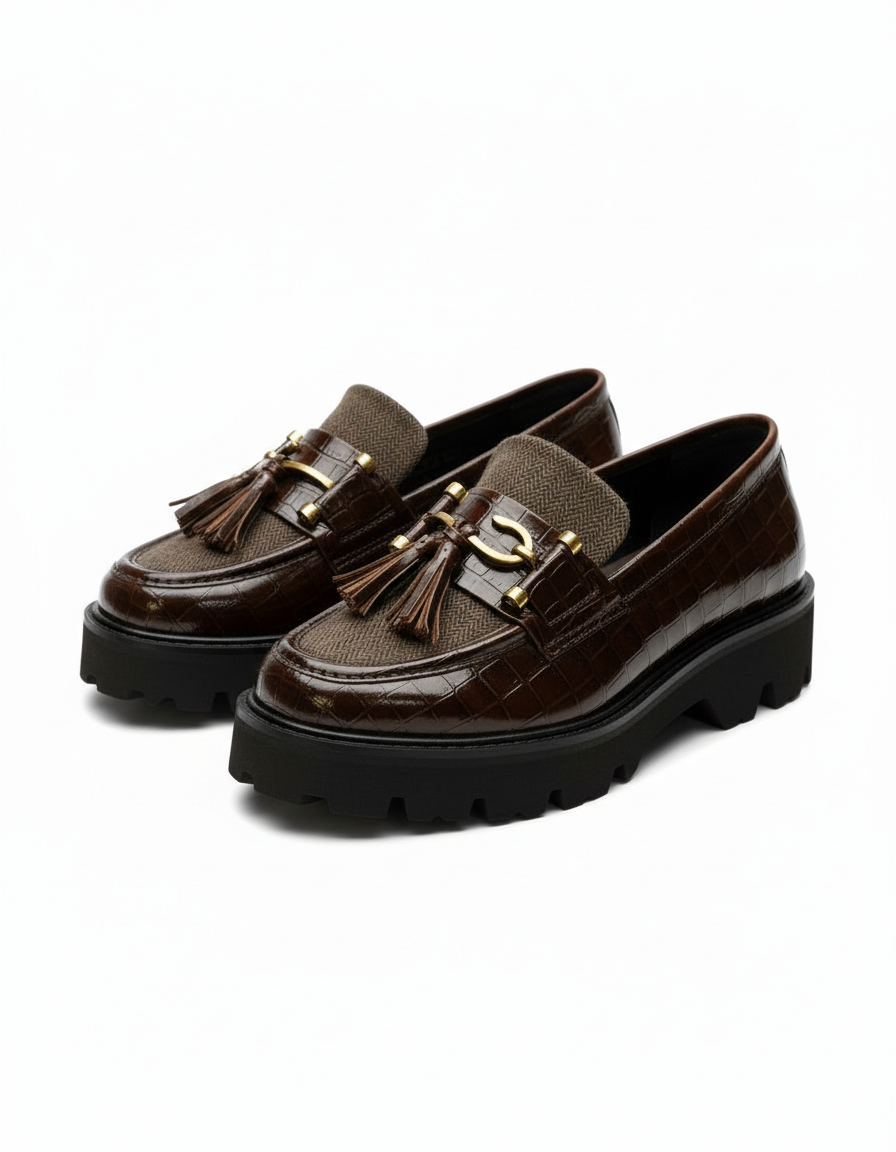 Richberg anchor tassel croc loafers with patterned tweed Handmade Richberg Anchor Tassel Croc Loafers by ShoeBespoke, crafted in premium croc-textured leather combined with a refined patterned tweed vamp. Designed with signature anchor-style metal buckle detailing, cushioned insole, and rugged outsole for luxury, durability, and unmatched comfort.