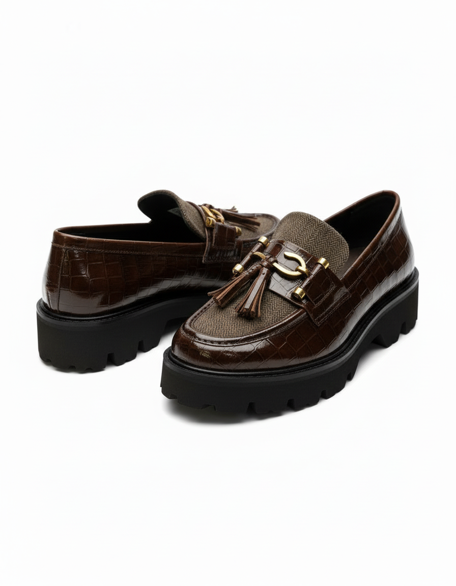 Richberg anchor tassel croc loafers with patterned tweed Handmade Richberg Anchor Tassel Croc Loafers by ShoeBespoke, crafted in premium croc-textured leather combined with a refined patterned tweed vamp. Designed with signature anchor-style metal buckle detailing, cushioned insole, and rugged outsole for luxury, durability, and unmatched comfort.