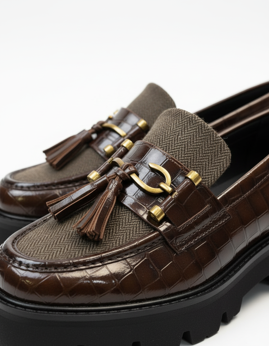 Richberg anchor tassel croc loafers with patterned tweed Handmade Richberg Anchor Tassel Croc Loafers by ShoeBespoke, crafted in premium croc-textured leather combined with a refined patterned tweed vamp. Designed with signature anchor-style metal buckle detailing, cushioned insole, and rugged outsole for luxury, durability, and unmatched comfort.