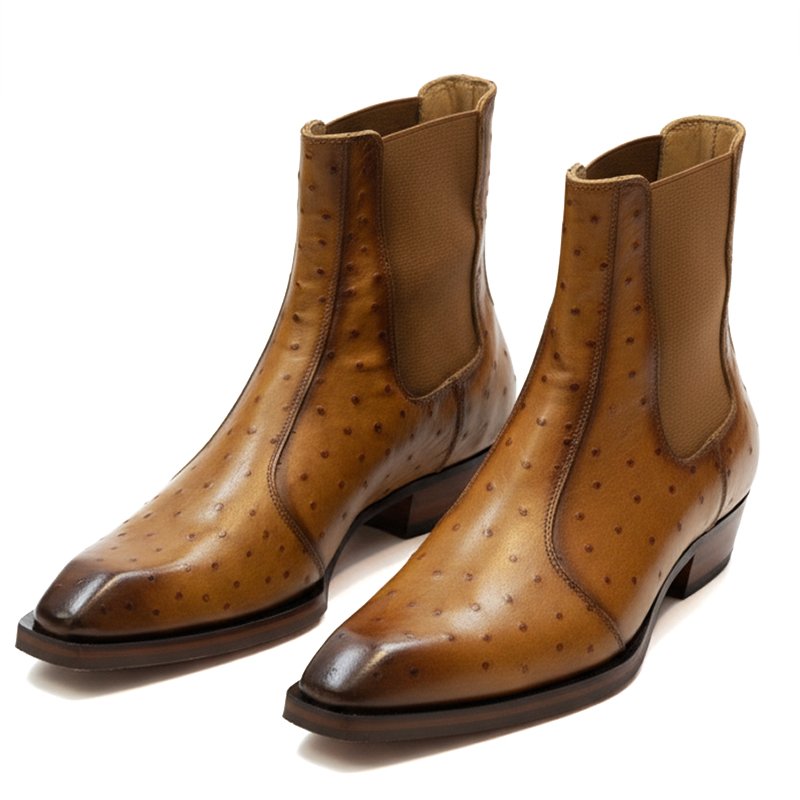 Gluberg Ostrich Boots by Shoe Bespoke are handcrafted from pure ostrich leather with a classic leather sole, offering a refined silhouette, exceptional comfort, and timeless luxury for everyday wear.