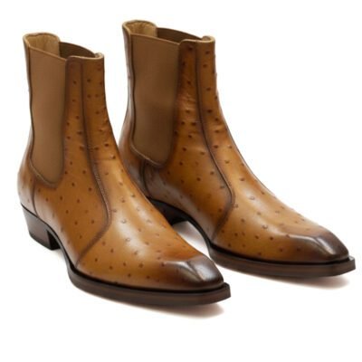 Gluberg Ostrich Boots by Shoe Bespoke are handcrafted from pure ostrich leather with a classic leather sole, offering a refined silhouette, exceptional comfort, and timeless luxury for everyday wear.