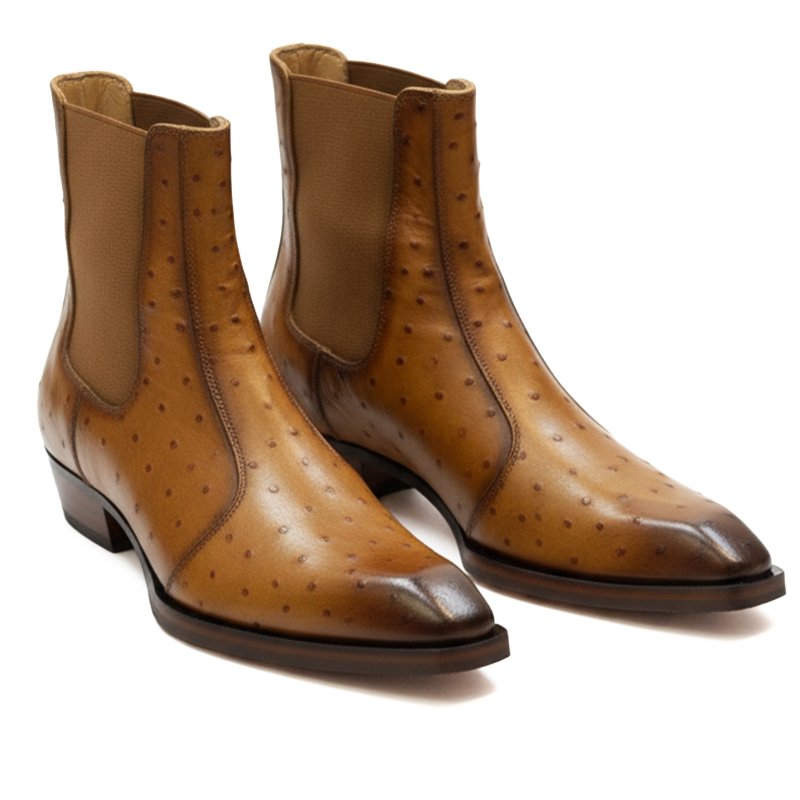 Gluberg Ostrich Boots by Shoe Bespoke are handcrafted from pure ostrich leather with a classic leather sole, offering a refined silhouette, exceptional comfort, and timeless luxury for everyday wear.