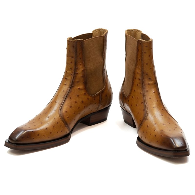 Gluberg Ostrich Boots by Shoe Bespoke are handcrafted from pure ostrich leather with a classic leather sole, offering a refined silhouette, exceptional comfort, and timeless luxury for everyday wear.