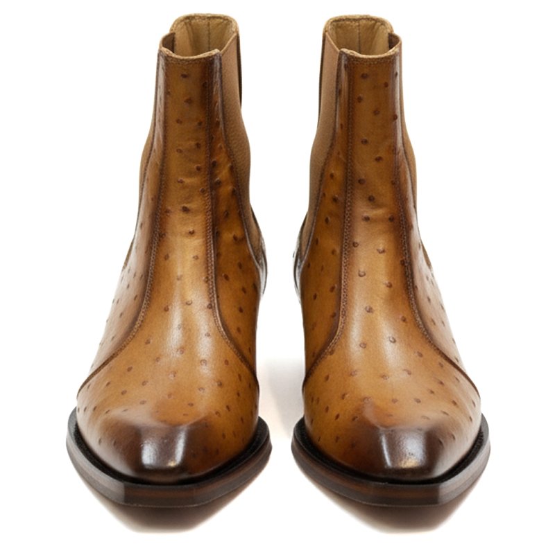 Gluberg Ostrich Boots by Shoe Bespoke are handcrafted from pure ostrich leather with a classic leather sole, offering a refined silhouette, exceptional comfort, and timeless luxury for everyday wear.