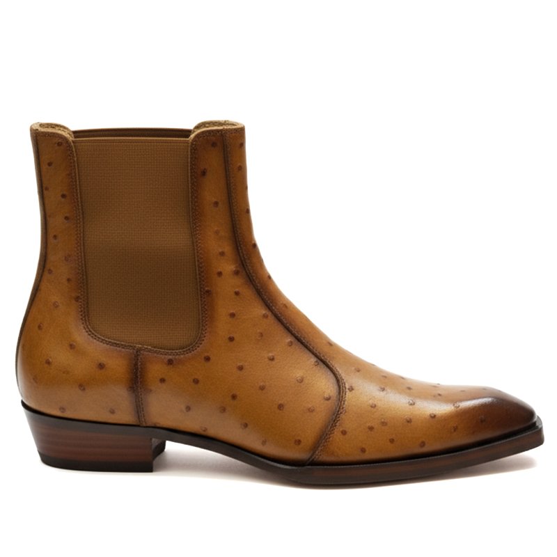 Gluberg Ostrich Boots by Shoe Bespoke are handcrafted from pure ostrich leather with a classic leather sole, offering a refined silhouette, exceptional comfort, and timeless luxury for everyday wear.