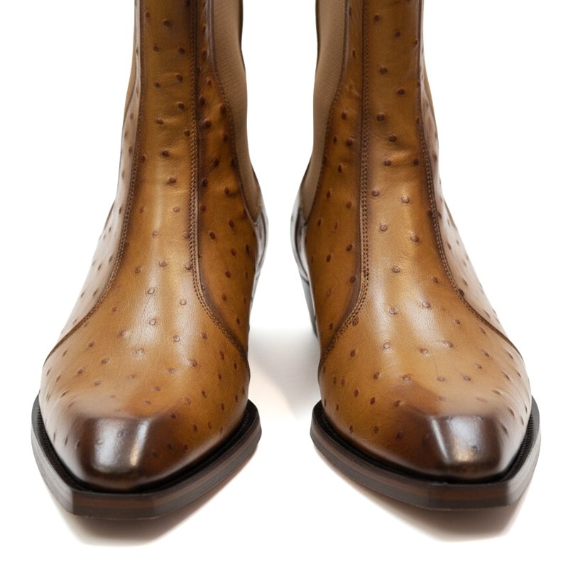 Gluberg Ostrich Boots by Shoe Bespoke are handcrafted from pure ostrich leather with a classic leather sole, offering a refined silhouette, exceptional comfort, and timeless luxury for everyday wear.