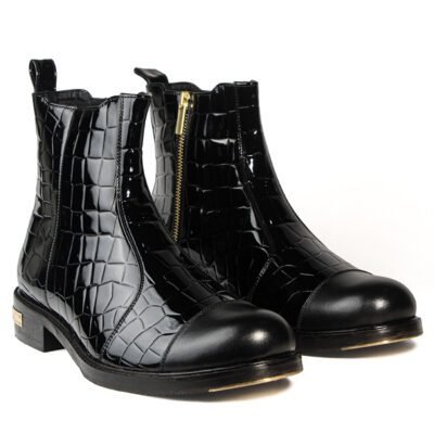 Black patent leather croc-texture boots with metal toe and back detail, handcrafted by Shoe Bespoke with leather sole.