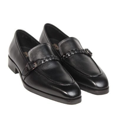 Black handcrafted leather loafers with braided strap and buckle detail, featuring leather sole by Shoe Bespoke.