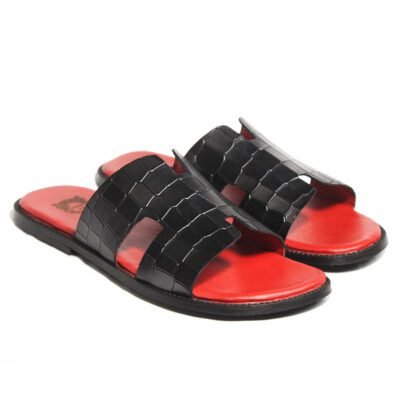 Black croc-textured leather slides with red footbed and leather sole, handcrafted by Shoe Bespoke.