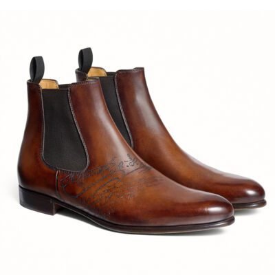 laser script leather, brown leather boots, handcrafted boots, premium leather boots, mens designer boots, leather sole boots, Shoe Bespoke boots, luxury boots, artistic leather shoes, modern footwear, chelsea boots style