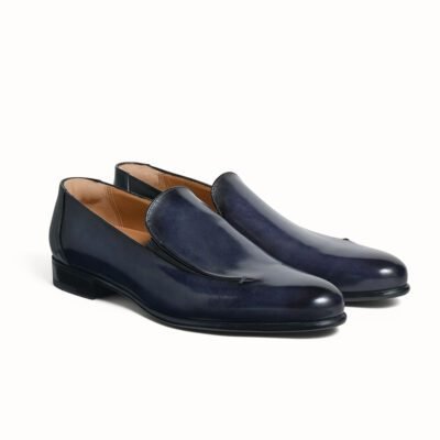 navy blue loafers, leather loafers, mens loafers, handcrafted shoes, premium leather shoes, slip on shoes, luxury footwear, leather sole shoes, Shoe Bespoke loafers, designer loafers, formal casual shoes, modern footwear, Chandigarh, Mohali