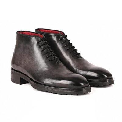 Dark grey handcrafted leather lace-up ankle boots with black patina finish, red inner lining, and leather sole by Shoe Bespoke