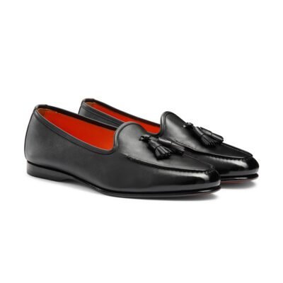 Black handcrafted leather tassel loafers with red inner lining and leather sole by Shoe Bespoke.