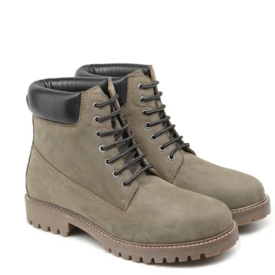 Grey nubuck leather handcrafted lace-up boots with padded black collar and durable rubber sole by Shoe Bespoke
