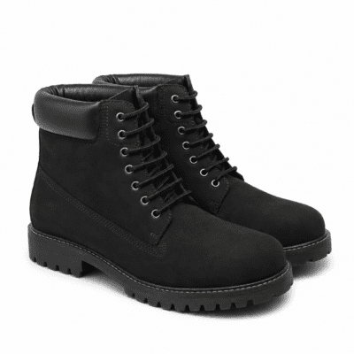 Black handcrafted nubuck leather lace-up boots with rugged rubber sole and padded ankle collar by Shoe Bespoke.