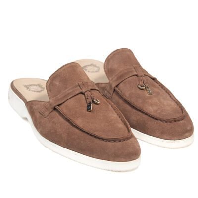 Taupe brown suede mule loafers by Shoe Bespoke with metal back detail and rubber sole, handcrafted slip-on design for casual wear.