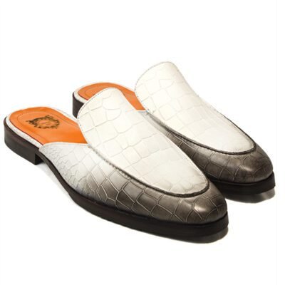 Ivory and metallic silver croc-textured mule loafers by Shoe Bespoke with handcrafted leather finish and premium wood sole.